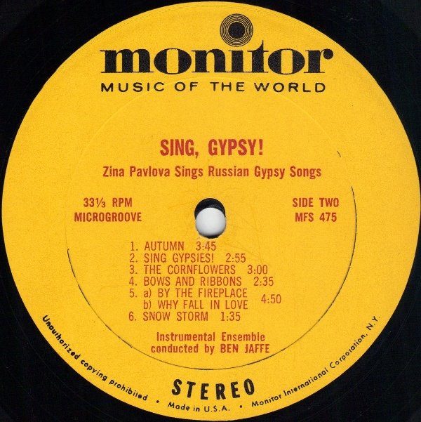   ,  Zina Pavlova  Sing, Gypsy! 1964 LP
