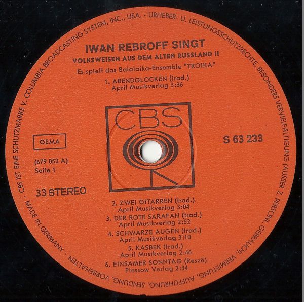 Иван Ребров Iwan Rebroff Singt Volksweisen Aus Dem Alten Russland-2 1968 (LP)