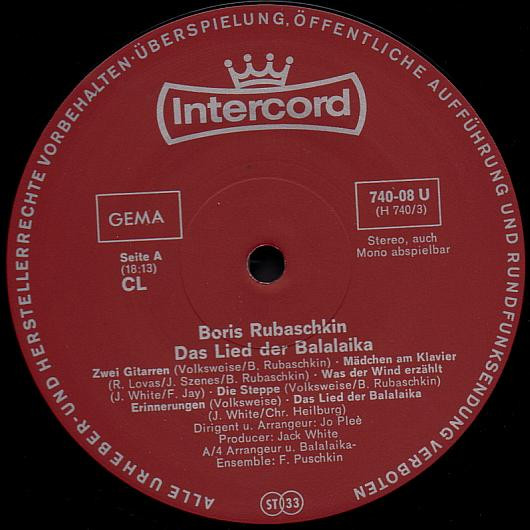 Boris Rubaschkin Das Lied Der Balalaika 1970 (LP).  
