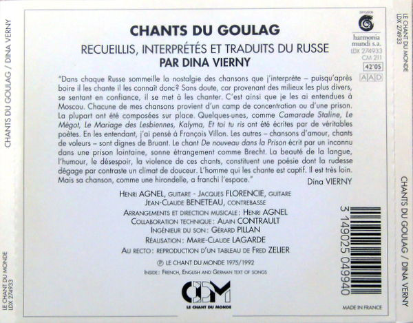 Dina Vierny Chants Du Goulag 1992 (CD). 