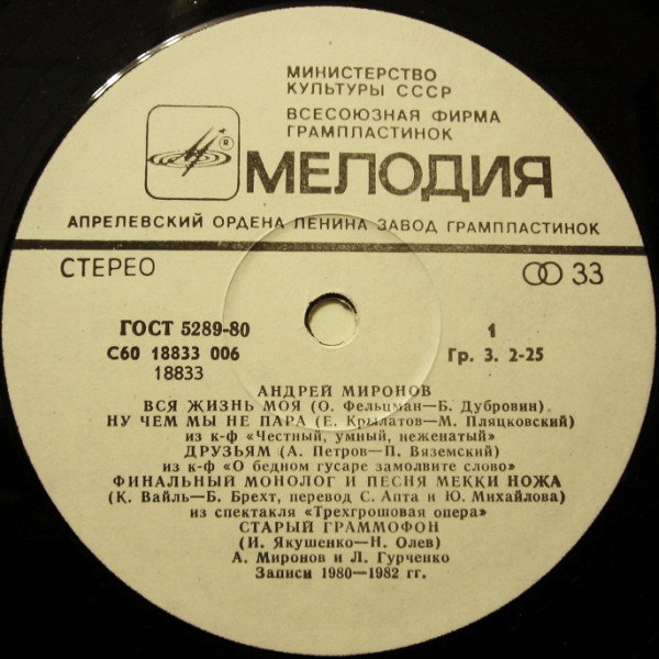 Андрей Миронов 1983 (LP). Виниловая пластинка