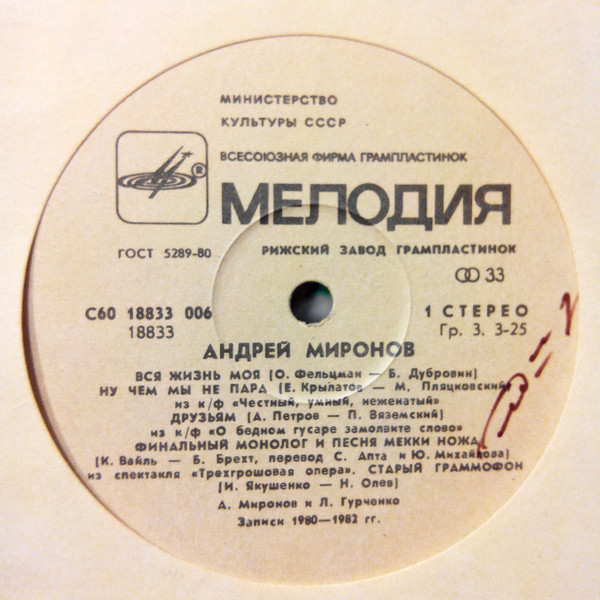 Андрей Миронов 1983 (LP). Виниловая пластинка
