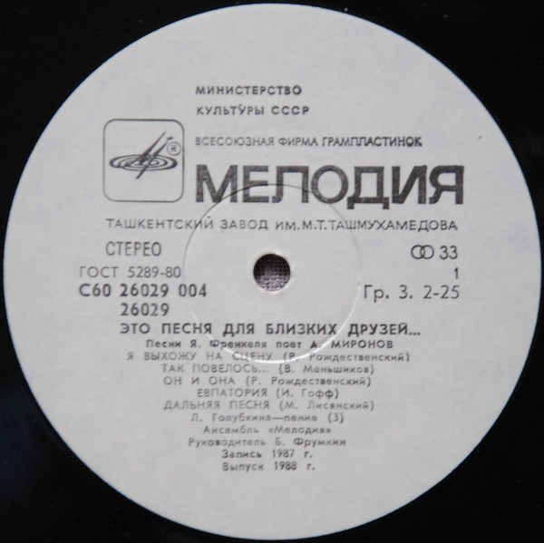 Андрей Миронов и Ян Френкель Это песня для близких друзей 1988 (LP). Виниловая пластинка