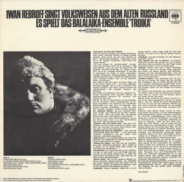 Иван Ребров Iwan Rebroff Singt Volksweisen Aus Dem Alten Russland 1968 (LP)